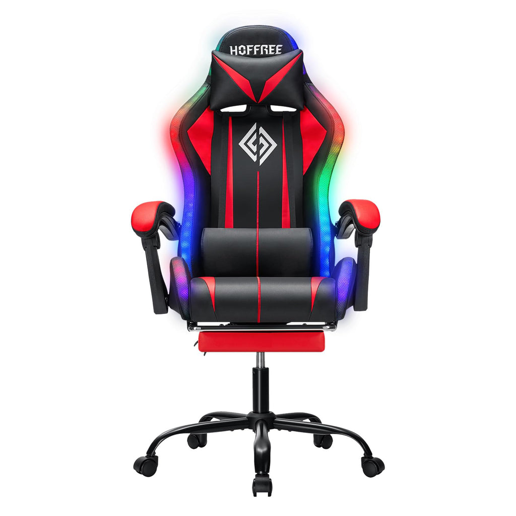 RGB Gaming Chair Massage with LED Lights and Footrest Ergonomic Computer Gaming Chair with High Back Video Game Chair with Adjustable Lumbar Support Red and Black