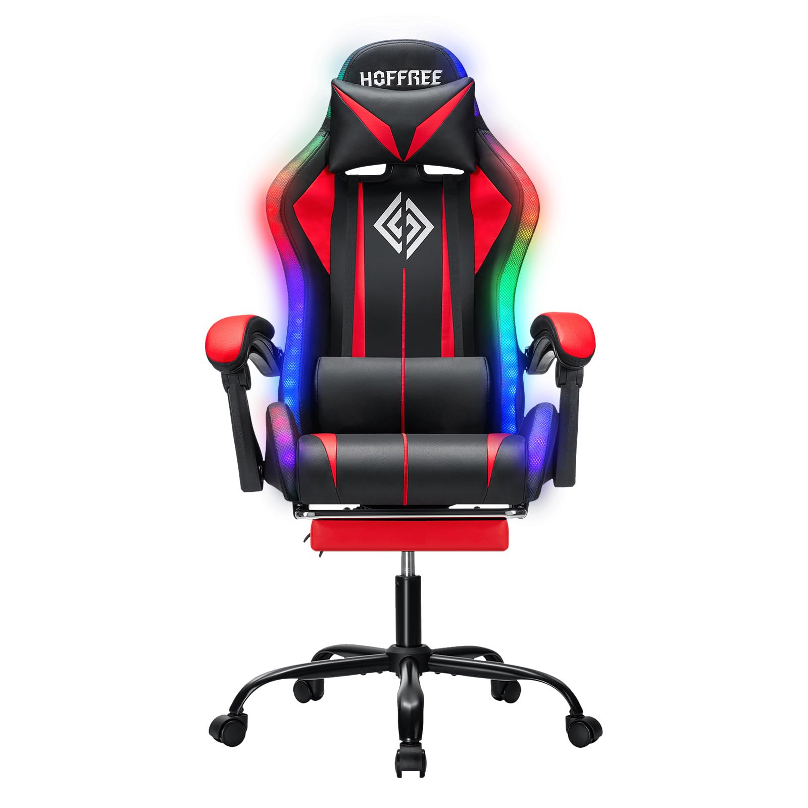 RGB Gaming Chair Massage with LED Lights and Footrest Ergonomic Computer Gaming Chair with High Back Video Game Chair with Adjustable Lumbar Support Red and Black
