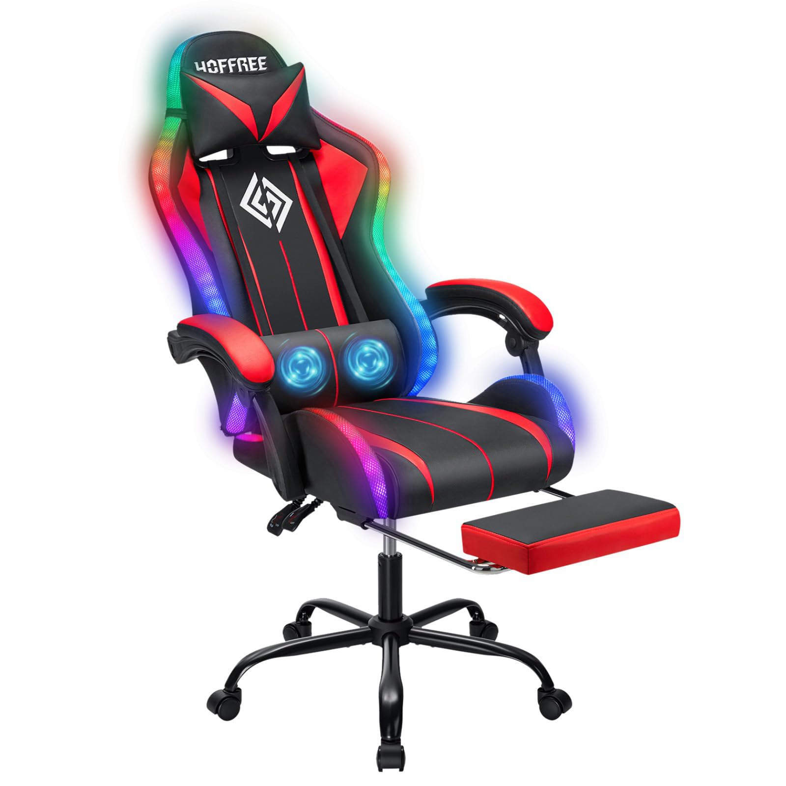 RGB Gaming Chair Massage with LED Lights and Footrest Ergonomic Computer Gaming Chair with High Back Video Game Chair with Adjustable Lumbar Support Red and Black