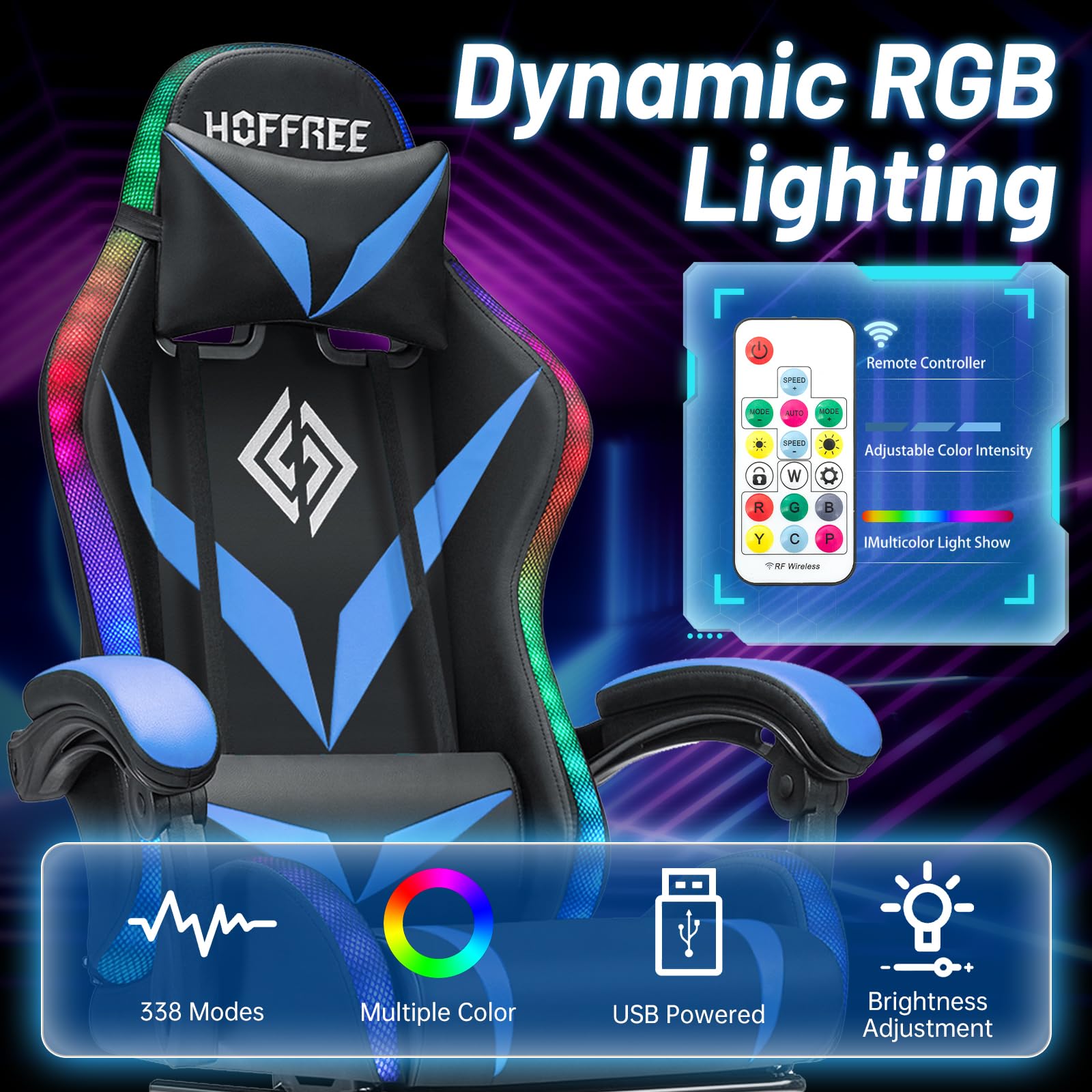 RGB Gaming Chair Massage with LED Lights and Footrest Ergonomic Computer Gaming Chair with High Back Video Game Chair with Adjustable Lumbar Support Red and Black