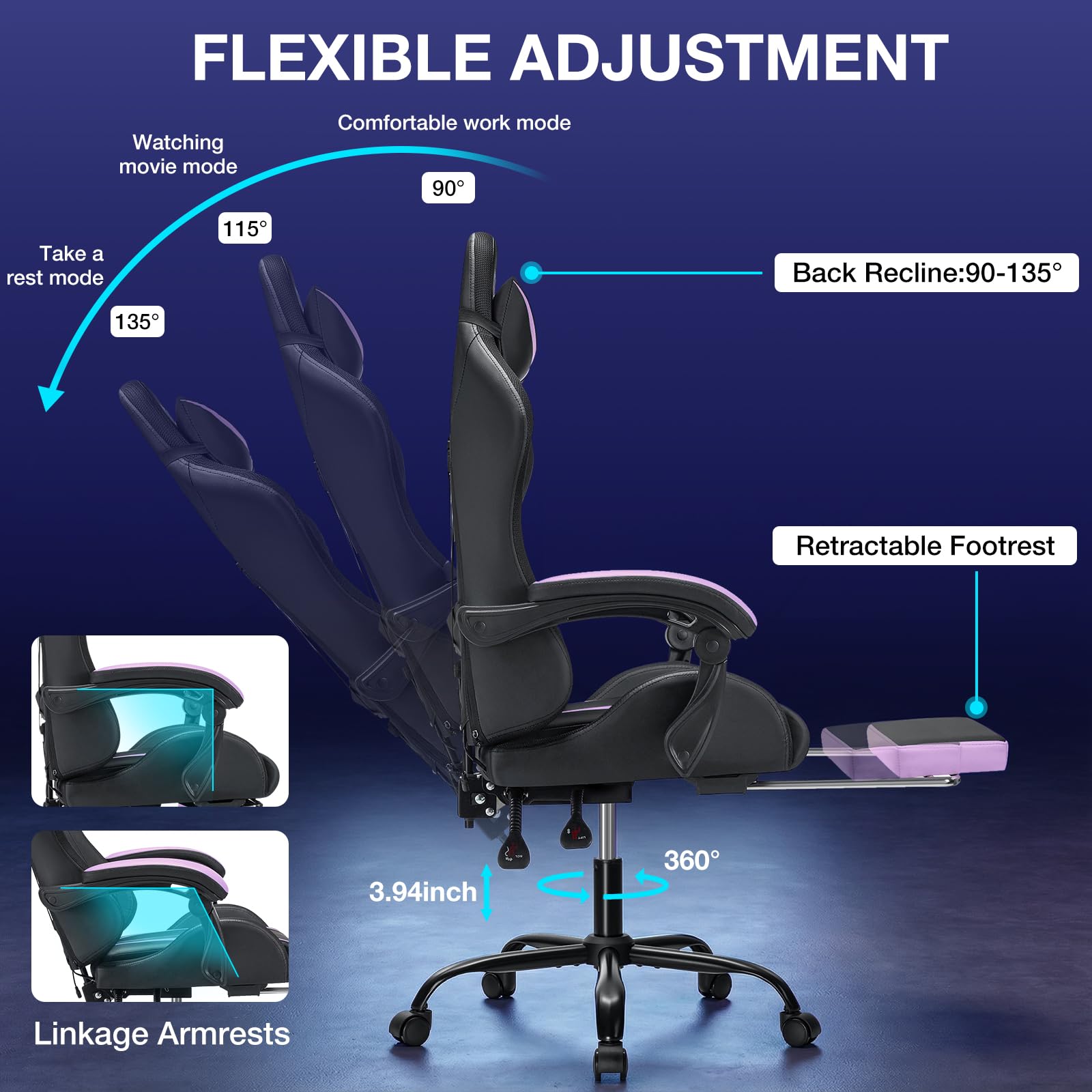 RGB Gaming Chair Massage with LED Lights and Footrest Ergonomic Computer Gaming Chair with High Back Video Game Chair with Adjustable Lumbar Support Red and Black