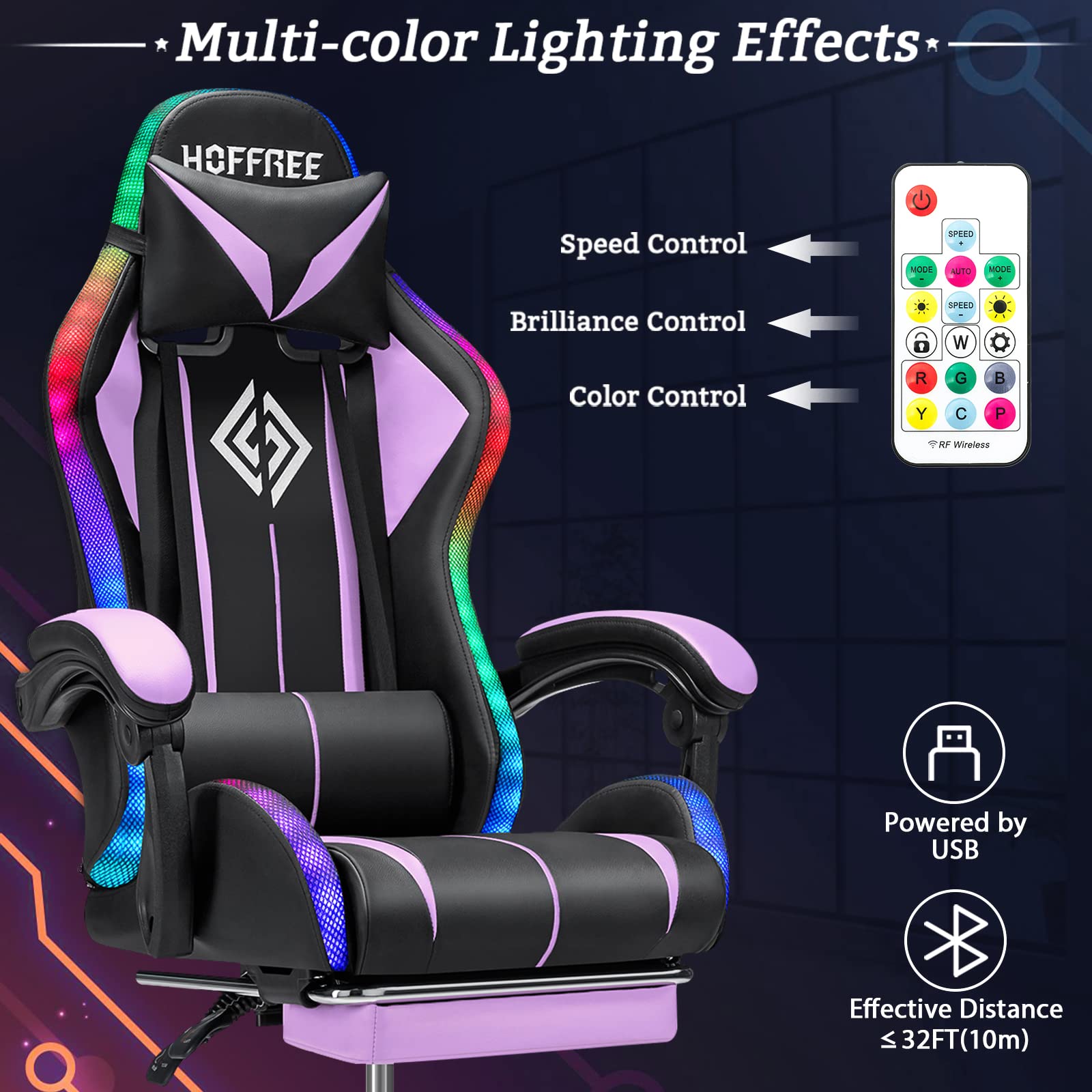 RGB Gaming Chair Massage with LED Lights and Footrest Ergonomic Computer Gaming Chair with High Back Video Game Chair with Adjustable Lumbar Support Red and Black