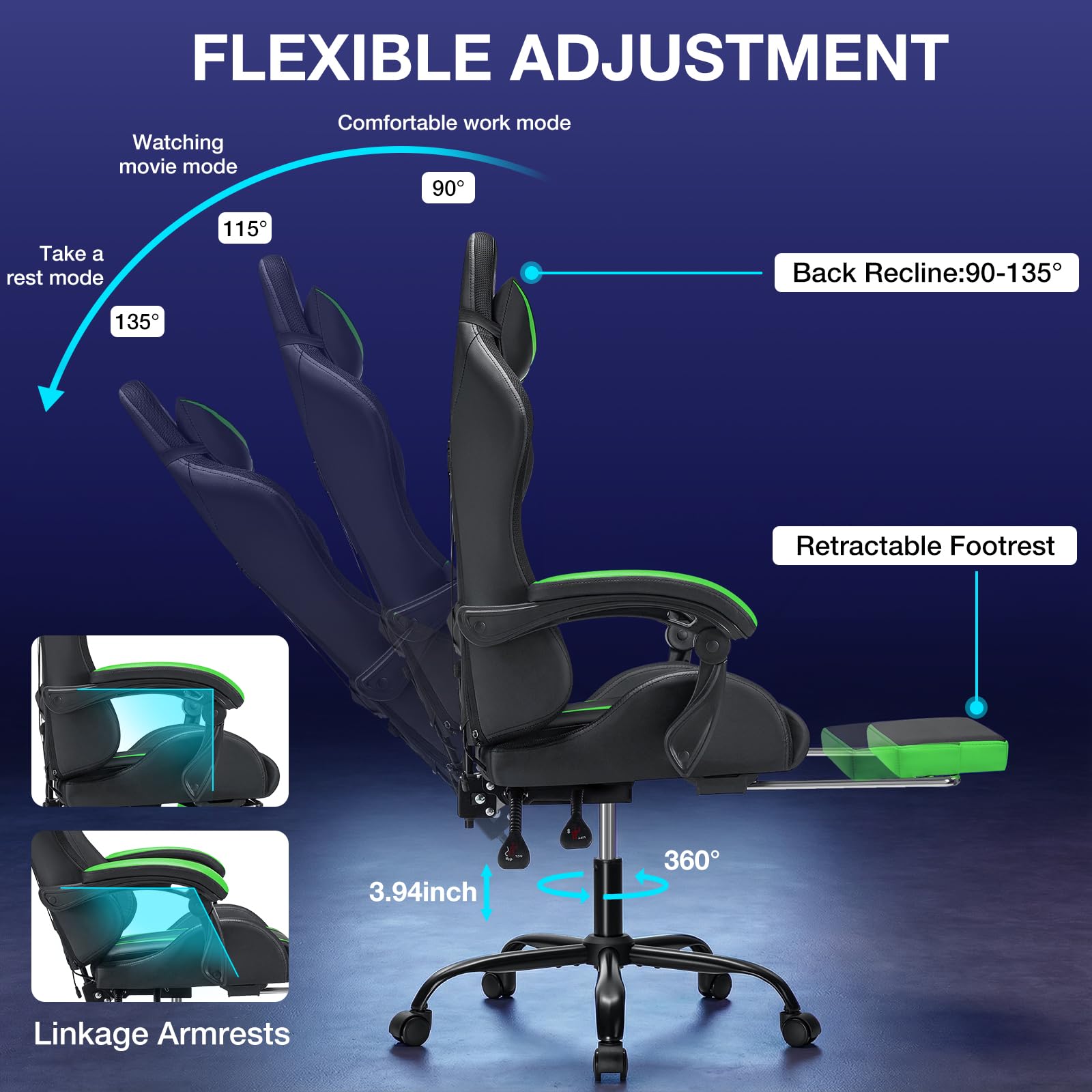RGB Gaming Chair Massage with LED Lights and Footrest Ergonomic Computer Gaming Chair with High Back Video Game Chair with Adjustable Lumbar Support Red and Black