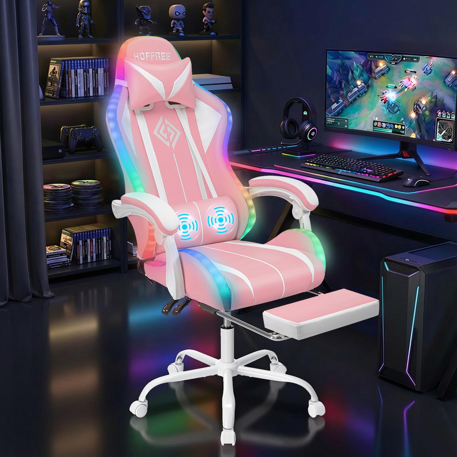 RGB Gaming Chair Massage with LED Lights and Footrest Ergonomic Computer Gaming Chair with High Back Video Game Chair with Adjustable Lumbar Support Red and Black