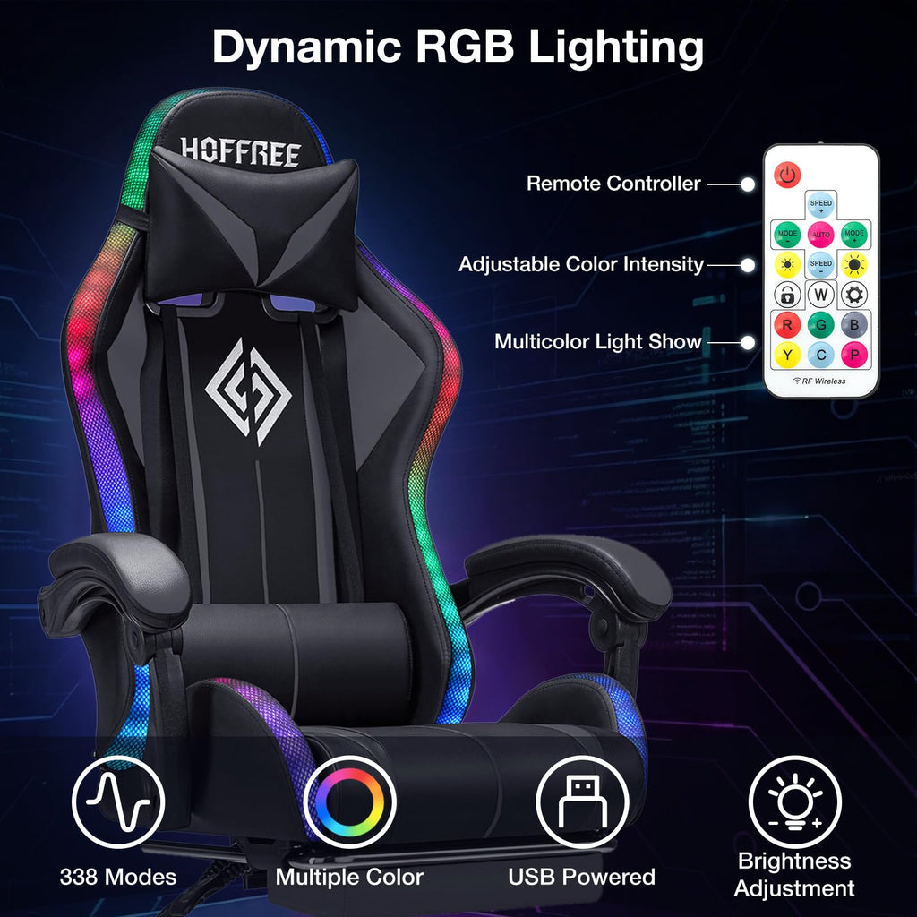 RGB Gaming Chair Massage with LED Lights and Footrest Ergonomic Computer Gaming Chair with High Back Video Game Chair with Adjustable Lumbar Support Red and Black