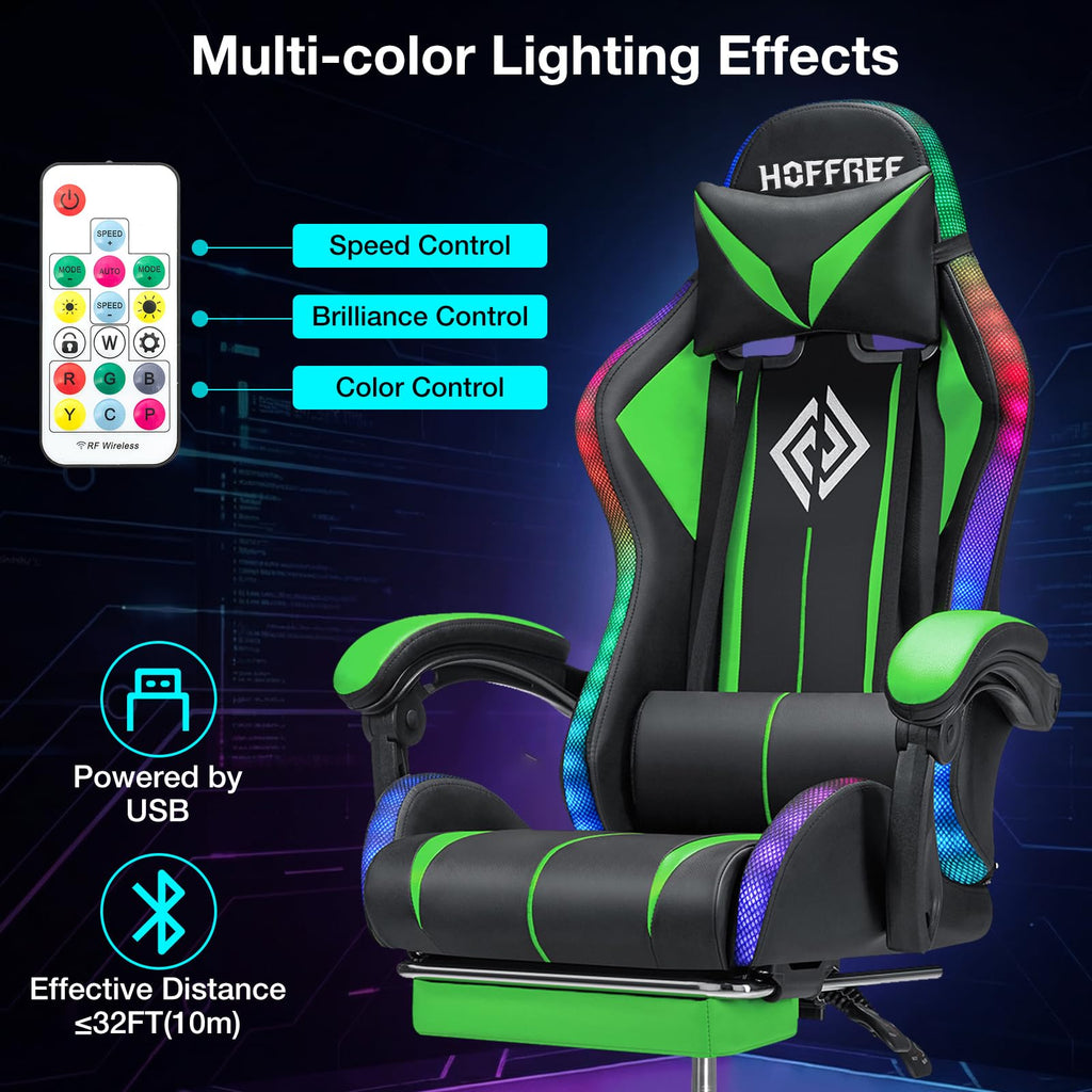 RGB Gaming Chair Massage with LED Lights and Footrest Ergonomic Computer Gaming Chair with High Back Video Game Chair with Adjustable Lumbar Support Red and Black