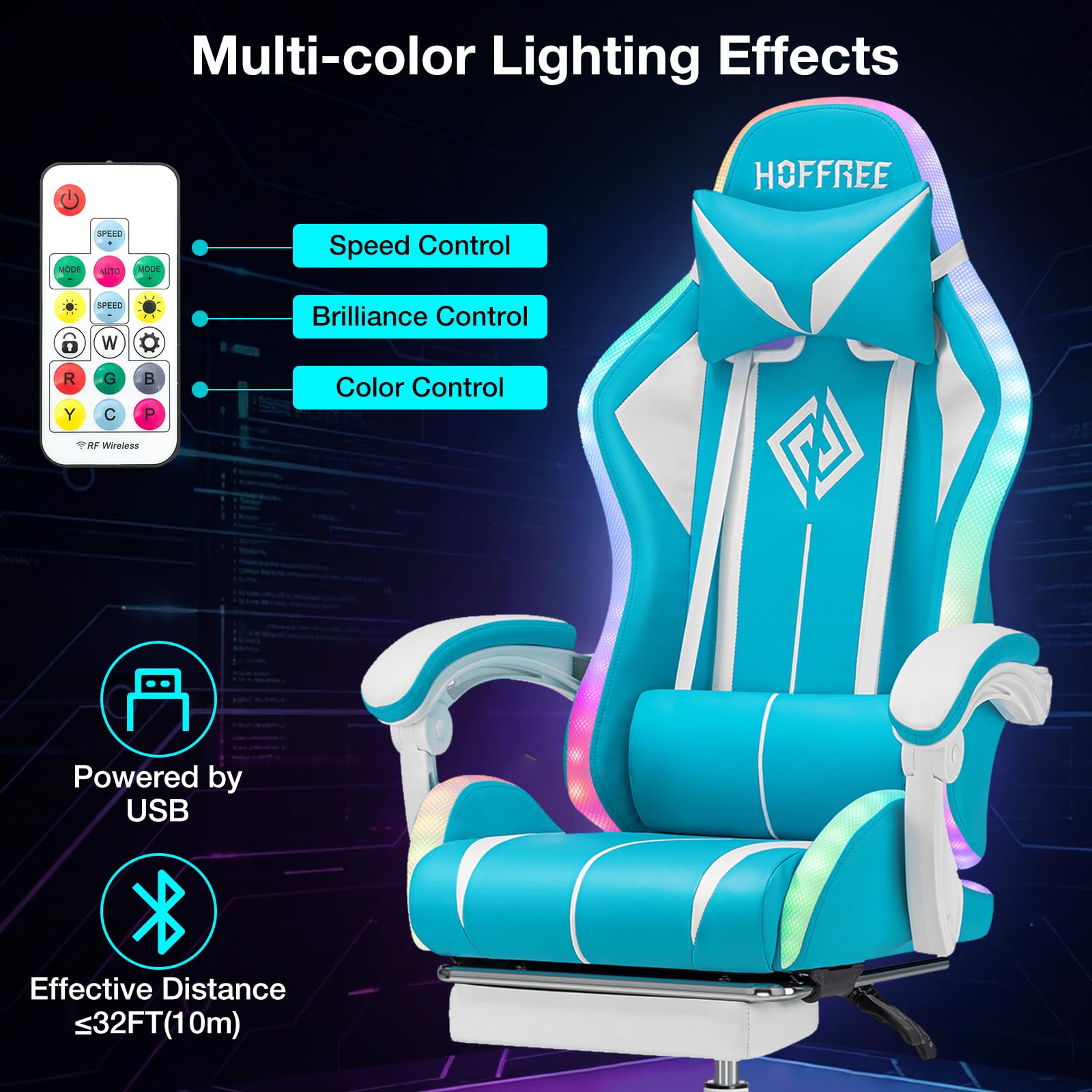 RGB Gaming Chair Massage with LED Lights and Footrest Ergonomic Computer Gaming Chair with High Back Video Game Chair with Adjustable Lumbar Support Red and Black