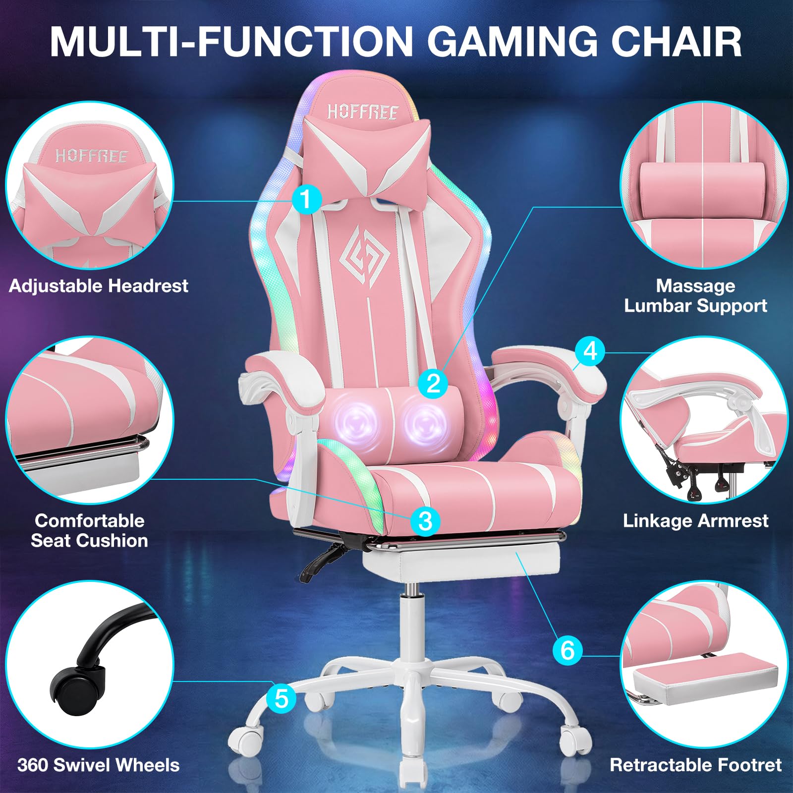 RGB Gaming Chair Massage with LED Lights and Footrest Ergonomic Computer Gaming Chair with High Back Video Game Chair with Adjustable Lumbar Support Red and Black