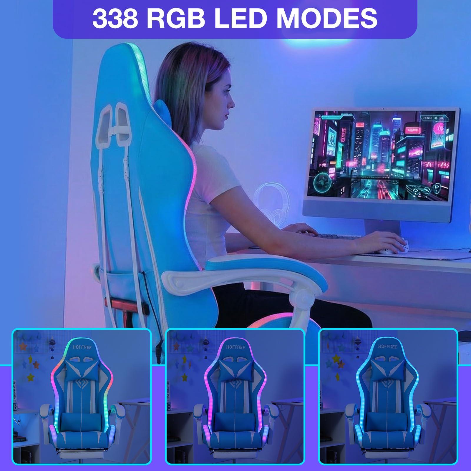RGB Gaming Chair Massage with LED Lights and Footrest Ergonomic Computer Gaming Chair with High Back Video Game Chair with Adjustable Lumbar Support Red and Black