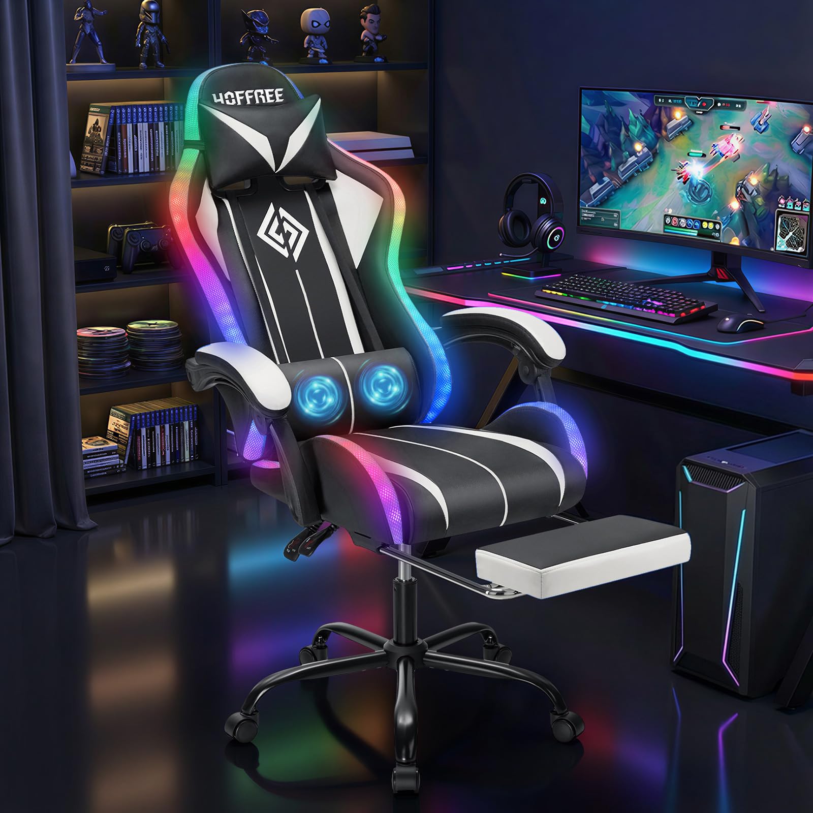 RGB Gaming Chair Massage with LED Lights and Footrest Ergonomic Computer Gaming Chair with High Back Video Game Chair with Adjustable Lumbar Support Red and Black