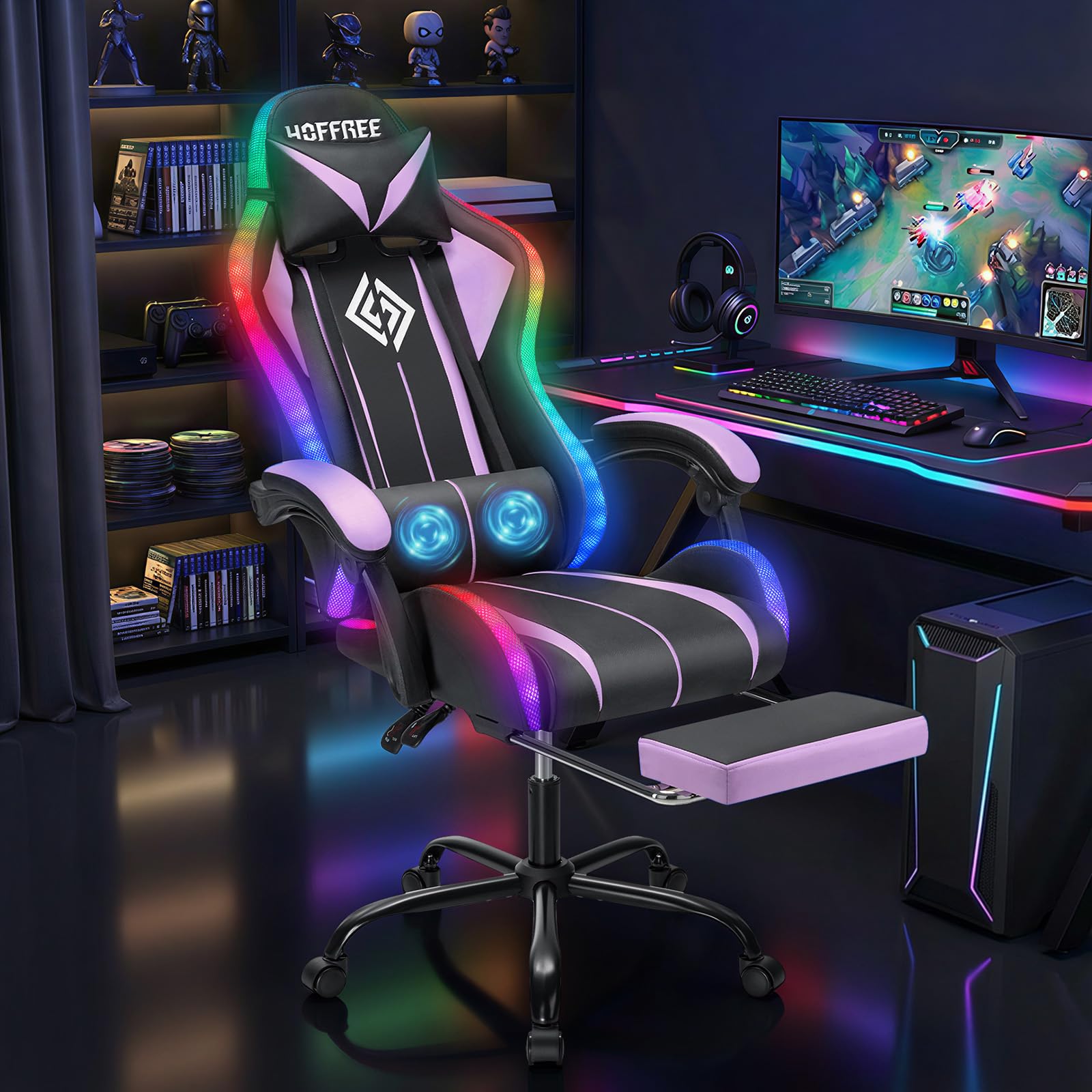 RGB Gaming Chair Massage with LED Lights and Footrest Ergonomic Computer Gaming Chair with High Back Video Game Chair with Adjustable Lumbar Support Red and Black