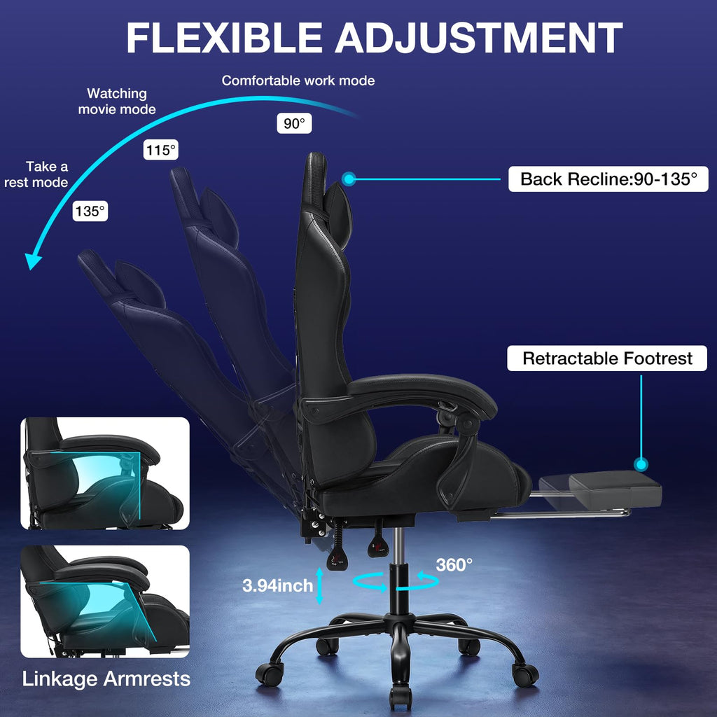 RGB Gaming Chair Massage with LED Lights and Footrest Ergonomic Computer Gaming Chair with High Back Video Game Chair with Adjustable Lumbar Support Red and Black