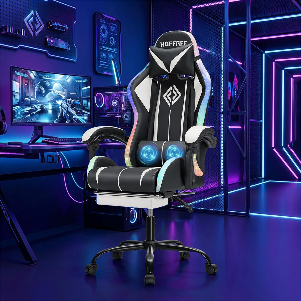 RGB Gaming Chair Massage with LED Lights and Footrest Ergonomic Computer Gaming Chair with High Back Video Game Chair with Adjustable Lumbar Support Red and Black