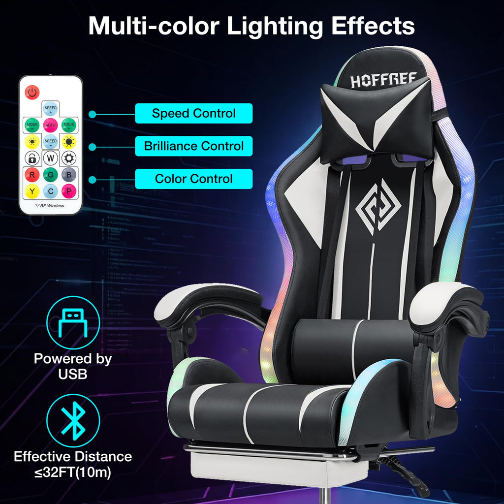 RGB Gaming Chair Massage with LED Lights and Footrest Ergonomic Computer Gaming Chair with High Back Video Game Chair with Adjustable Lumbar Support Red and Black