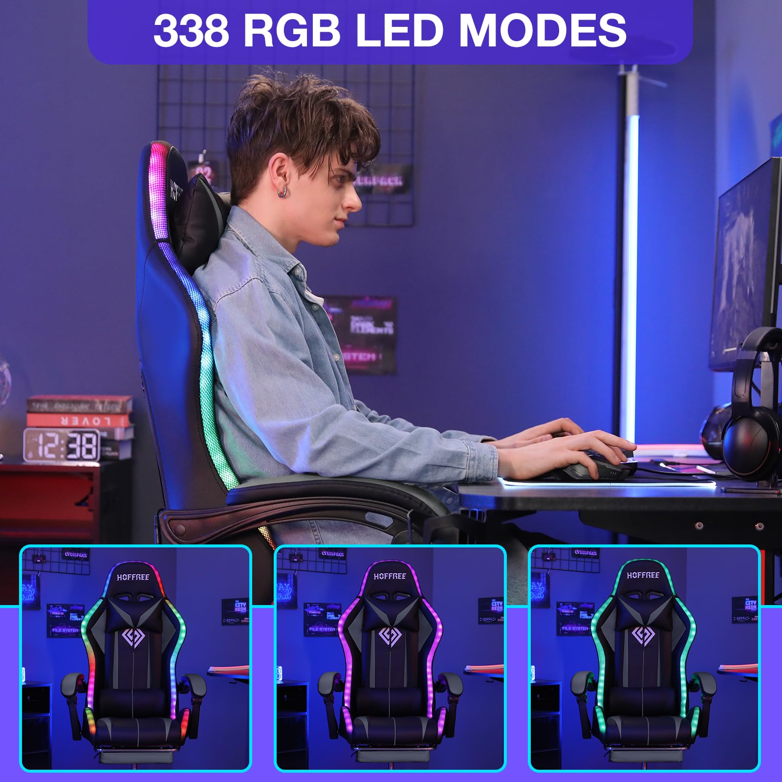 RGB Gaming Chair Massage with LED Lights and Footrest Ergonomic Computer Gaming Chair with High Back Video Game Chair with Adjustable Lumbar Support Red and Black