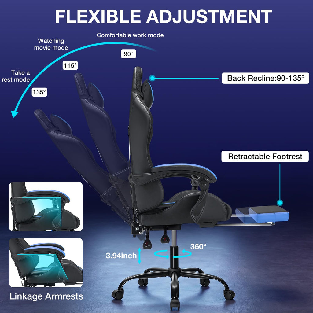 RGB Gaming Chair Massage with LED Lights and Footrest Ergonomic Computer Gaming Chair with High Back Video Game Chair with Adjustable Lumbar Support Red and Black