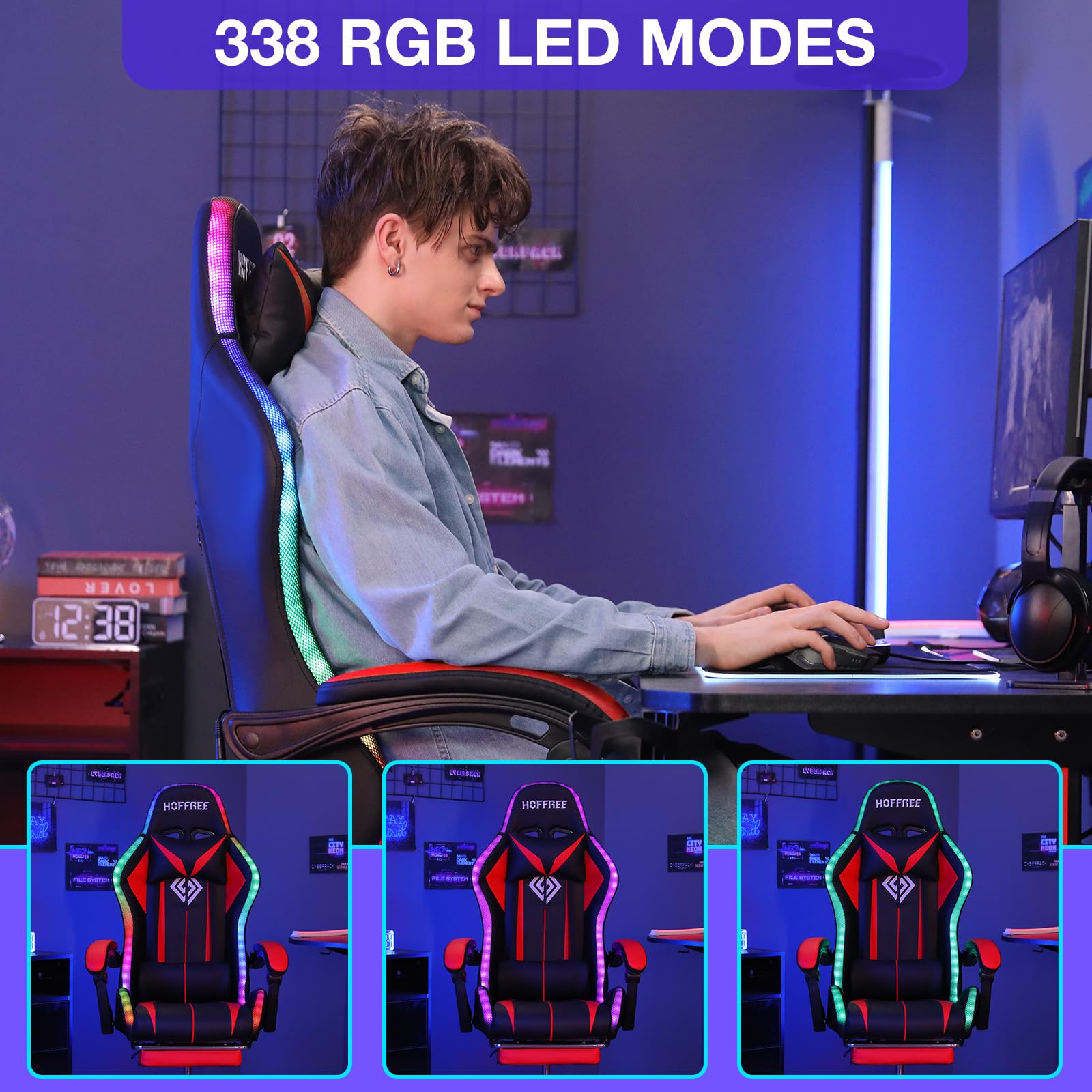 RGB Gaming Chair Massage with LED Lights and Footrest Ergonomic Computer Gaming Chair with High Back Video Game Chair with Adjustable Lumbar Support Red and Black