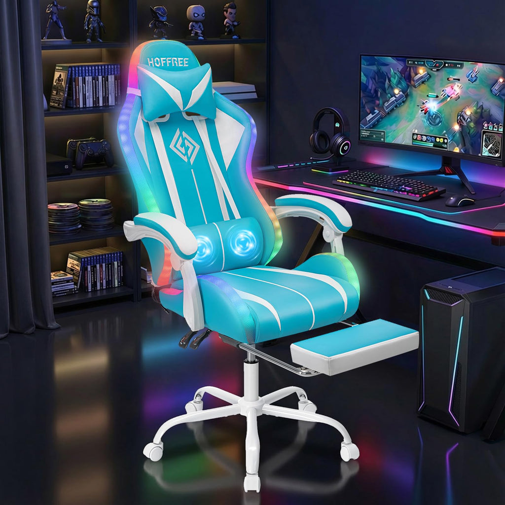 RGB Gaming Chair Massage with LED Lights and Footrest Ergonomic Computer Gaming Chair with High Back Video Game Chair with Adjustable Lumbar Support Red and Black