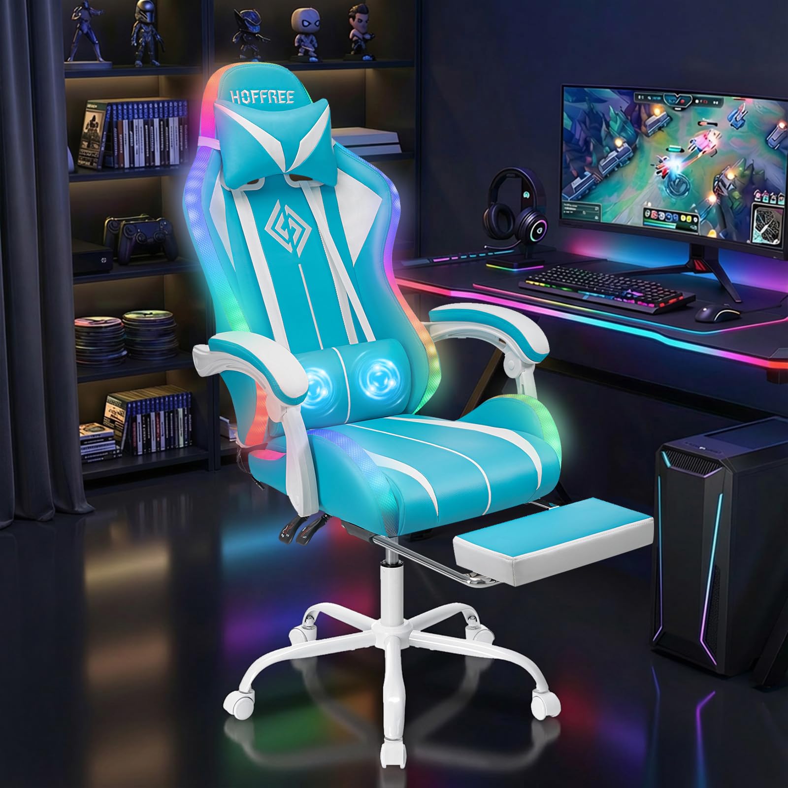 RGB Gaming Chair Massage with LED Lights and Footrest Ergonomic Computer Gaming Chair with High Back Video Game Chair with Adjustable Lumbar Support Red and Black