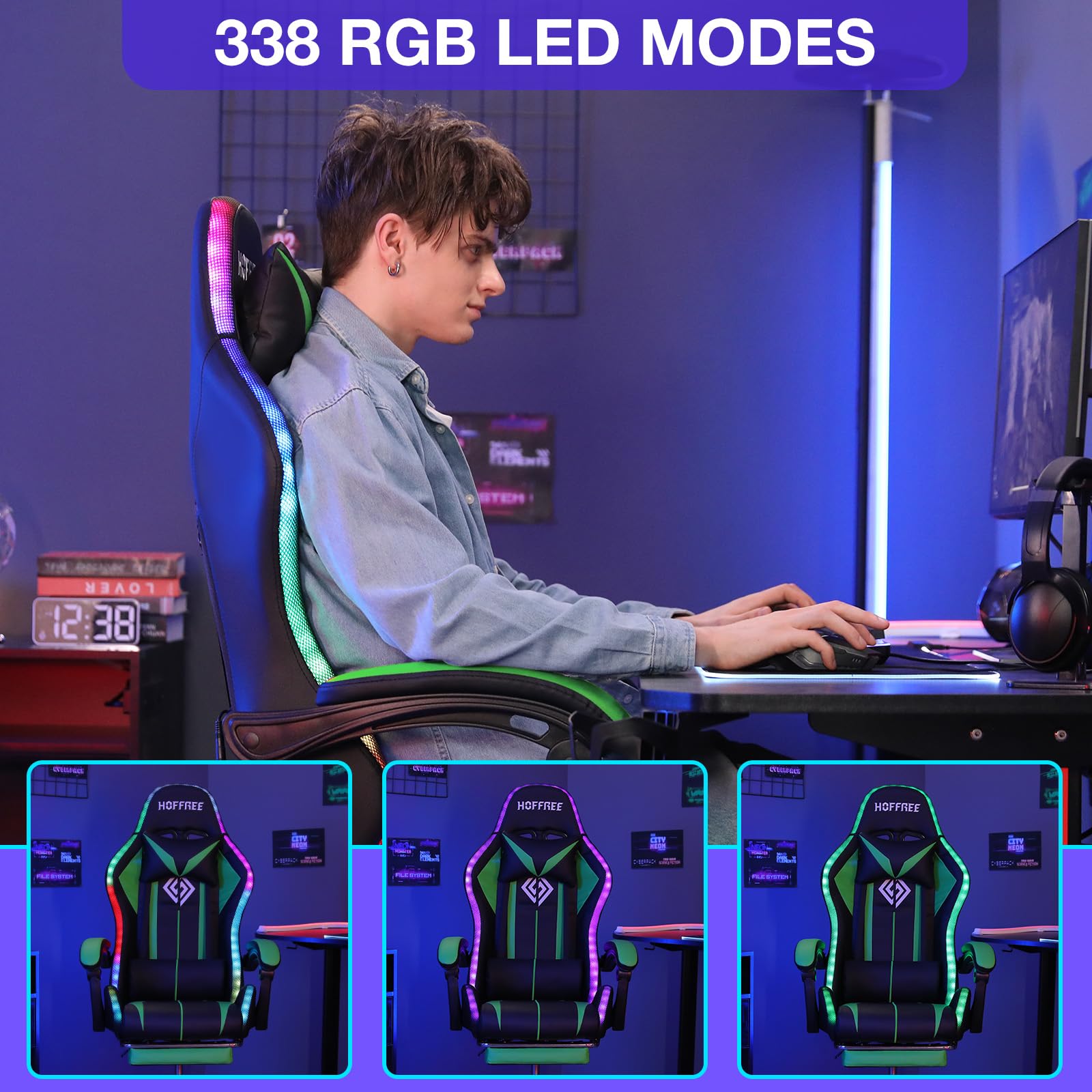 RGB Gaming Chair Massage with LED Lights and Footrest Ergonomic Computer Gaming Chair with High Back Video Game Chair with Adjustable Lumbar Support Red and Black