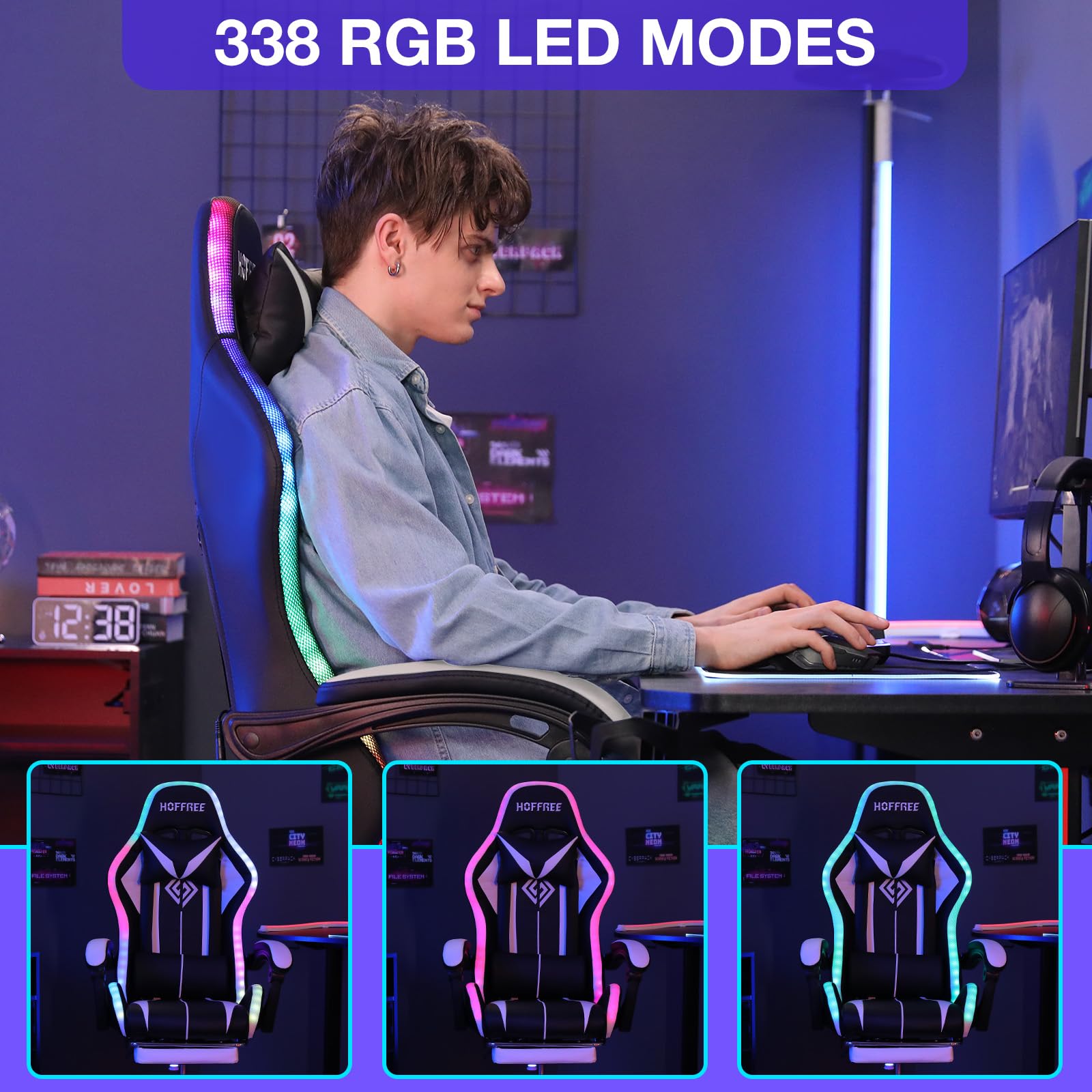 RGB Gaming Chair Massage with LED Lights and Footrest Ergonomic Computer Gaming Chair with High Back Video Game Chair with Adjustable Lumbar Support Red and Black