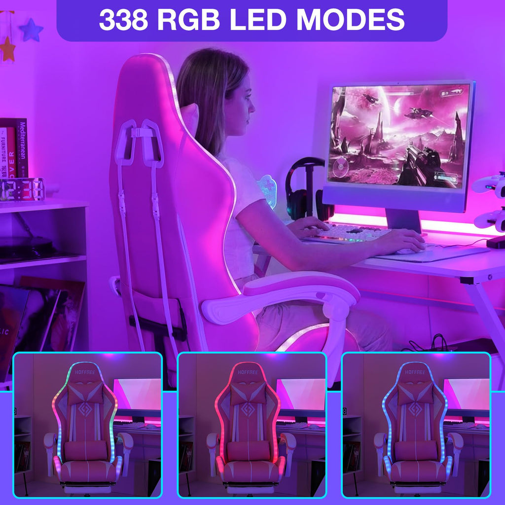 RGB Gaming Chair Massage with LED Lights and Footrest Ergonomic Computer Gaming Chair with High Back Video Game Chair with Adjustable Lumbar Support Red and Black