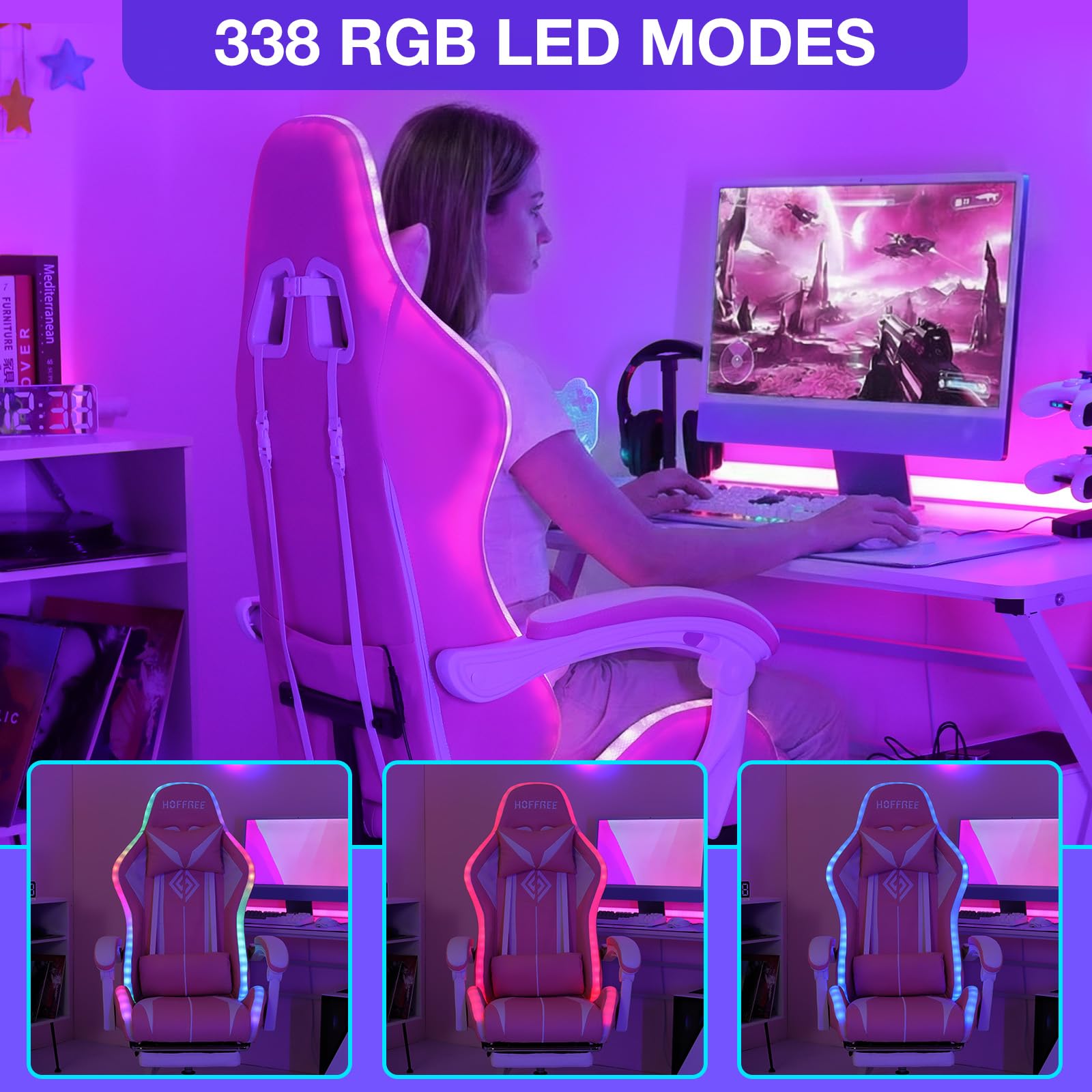 RGB Gaming Chair Massage with LED Lights and Footrest Ergonomic Computer Gaming Chair with High Back Video Game Chair with Adjustable Lumbar Support Red and Black