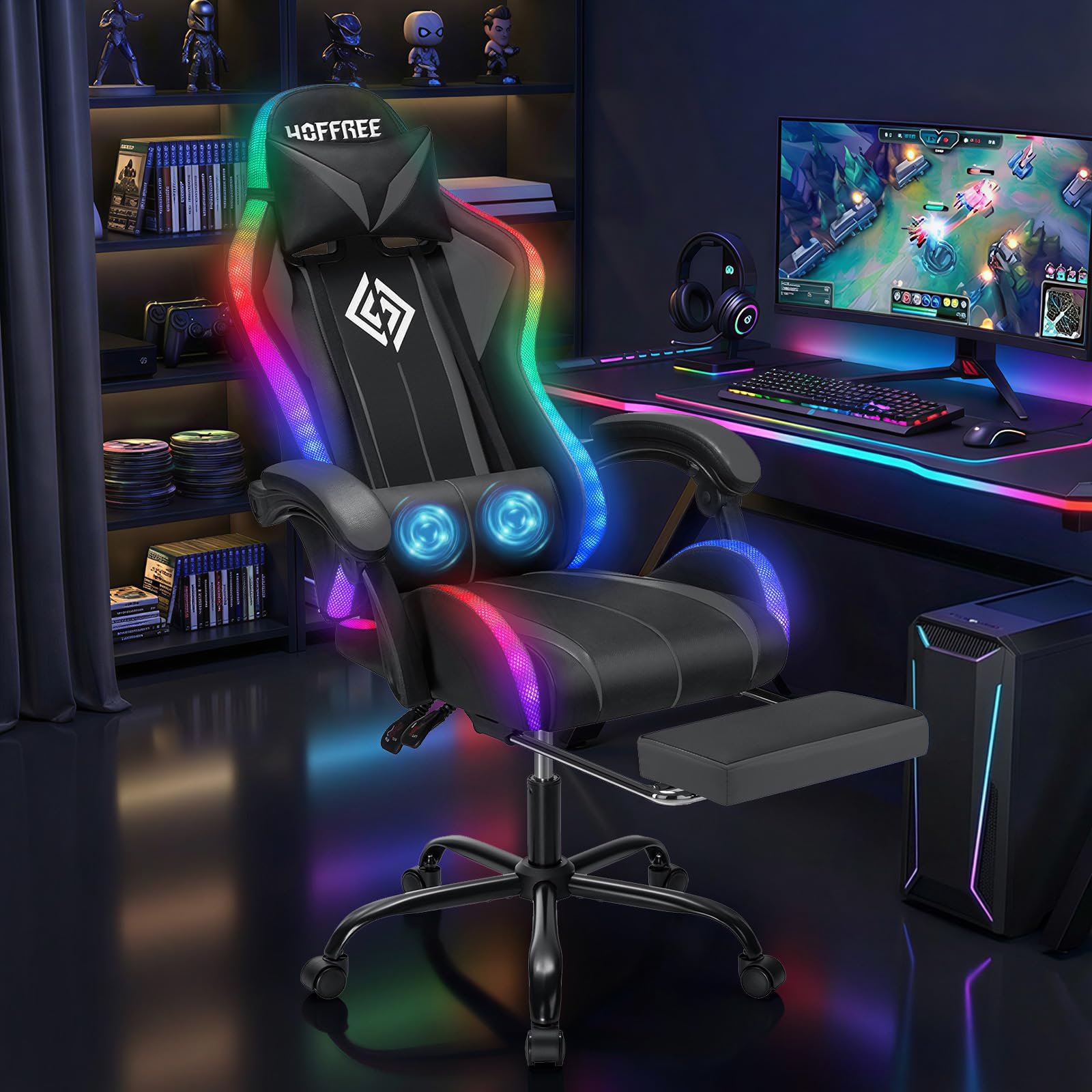 RGB Gaming Chair Massage with LED Lights and Footrest Ergonomic Computer Gaming Chair with High Back Video Game Chair with Adjustable Lumbar Support Red and Black