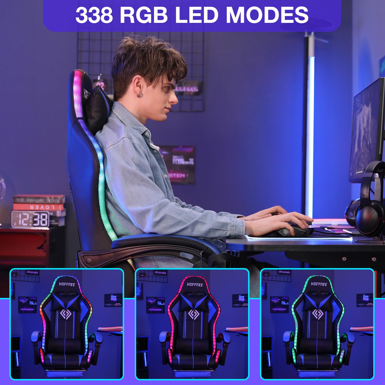 RGB Gaming Chair Massage with LED Lights and Footrest Ergonomic Computer Gaming Chair with High Back Video Game Chair with Adjustable Lumbar Support Red and Black