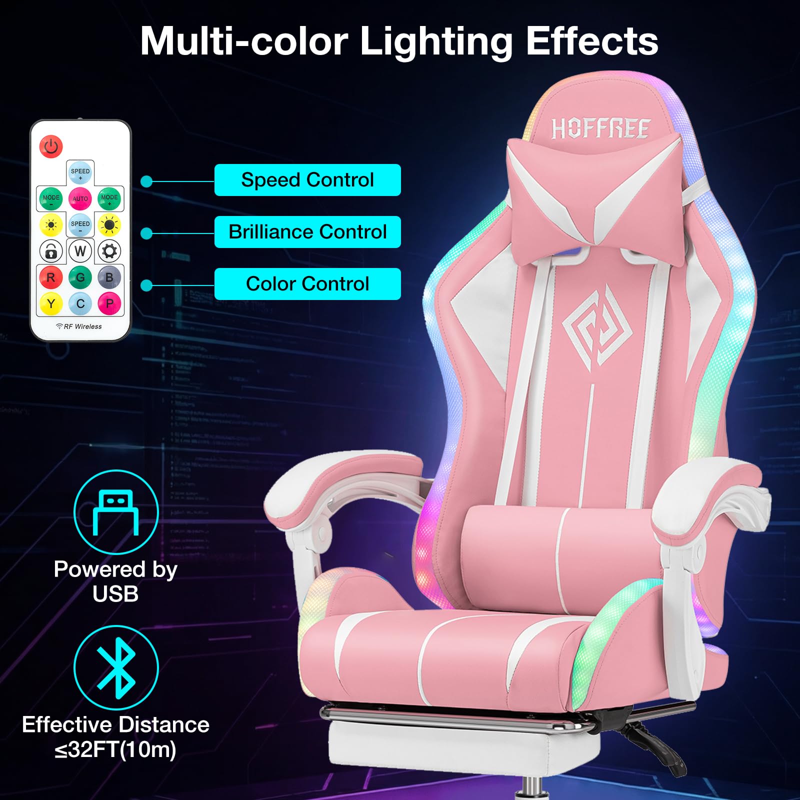 RGB Gaming Chair Massage with LED Lights and Footrest Ergonomic Computer Gaming Chair with High Back Video Game Chair with Adjustable Lumbar Support Red and Black