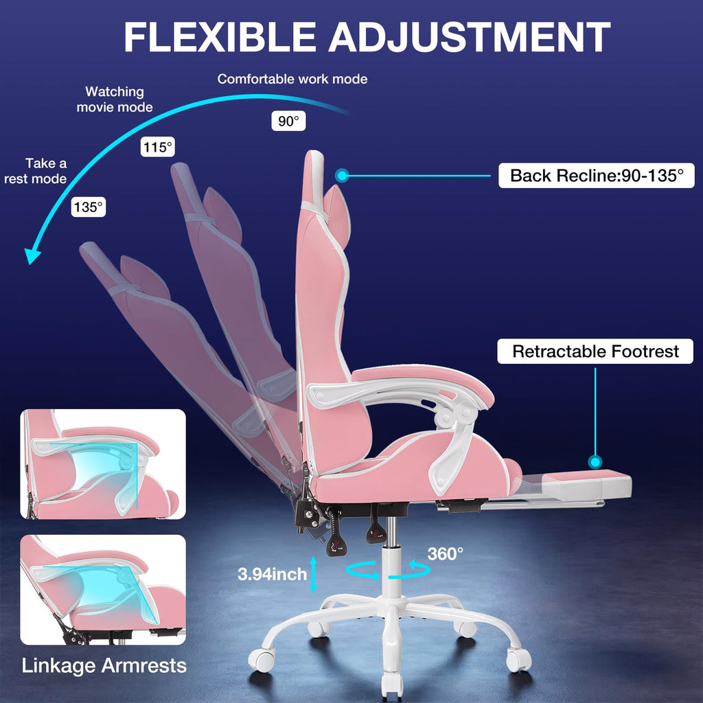 RGB Gaming Chair Massage with LED Lights and Footrest Ergonomic Computer Gaming Chair with High Back Video Game Chair with Adjustable Lumbar Support Red and Black