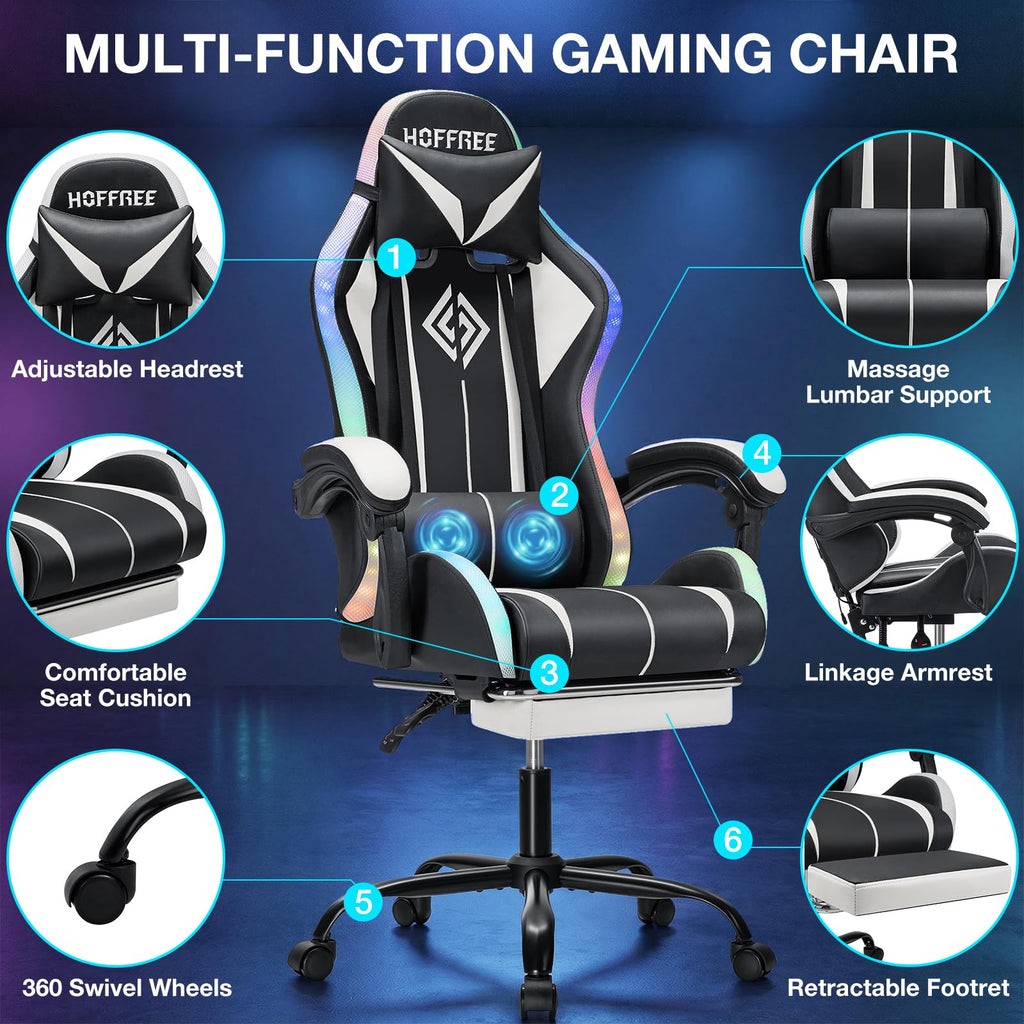 RGB Gaming Chair Massage with LED Lights and Footrest Ergonomic Computer Gaming Chair with High Back Video Game Chair with Adjustable Lumbar Support Red and Black