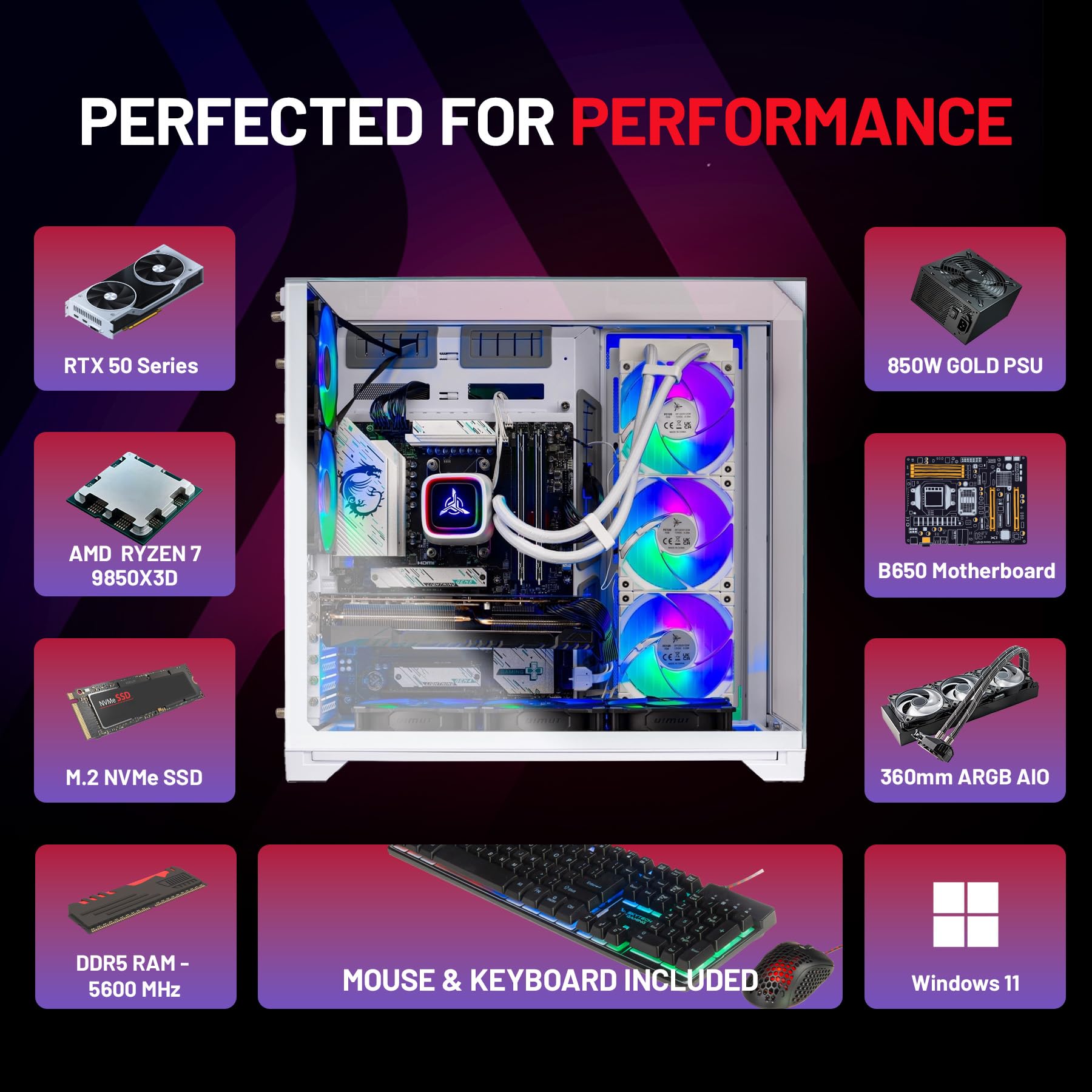Skytech Gaming King 95 Desktop PC, Ryzen 7 9800X3D 4.7 GHz (5.2 GHz), NVIDIA RTX 5070 Ti 16GB, 1TB Gen4 NVMe SSD, 32GB DDR5 RAM 5600 RGB, 850W Gold ATX 3 PSU, 360mm ARGB AIO, Wi-Fi, Win 11