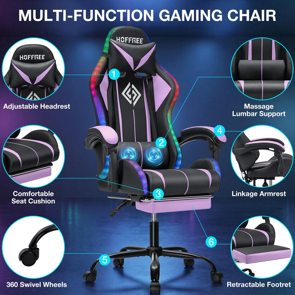 RGB Gaming Chair Massage with LED Lights and Footrest Ergonomic Computer Gaming Chair with High Back Video Game Chair with Adjustable Lumbar Support Red and Black