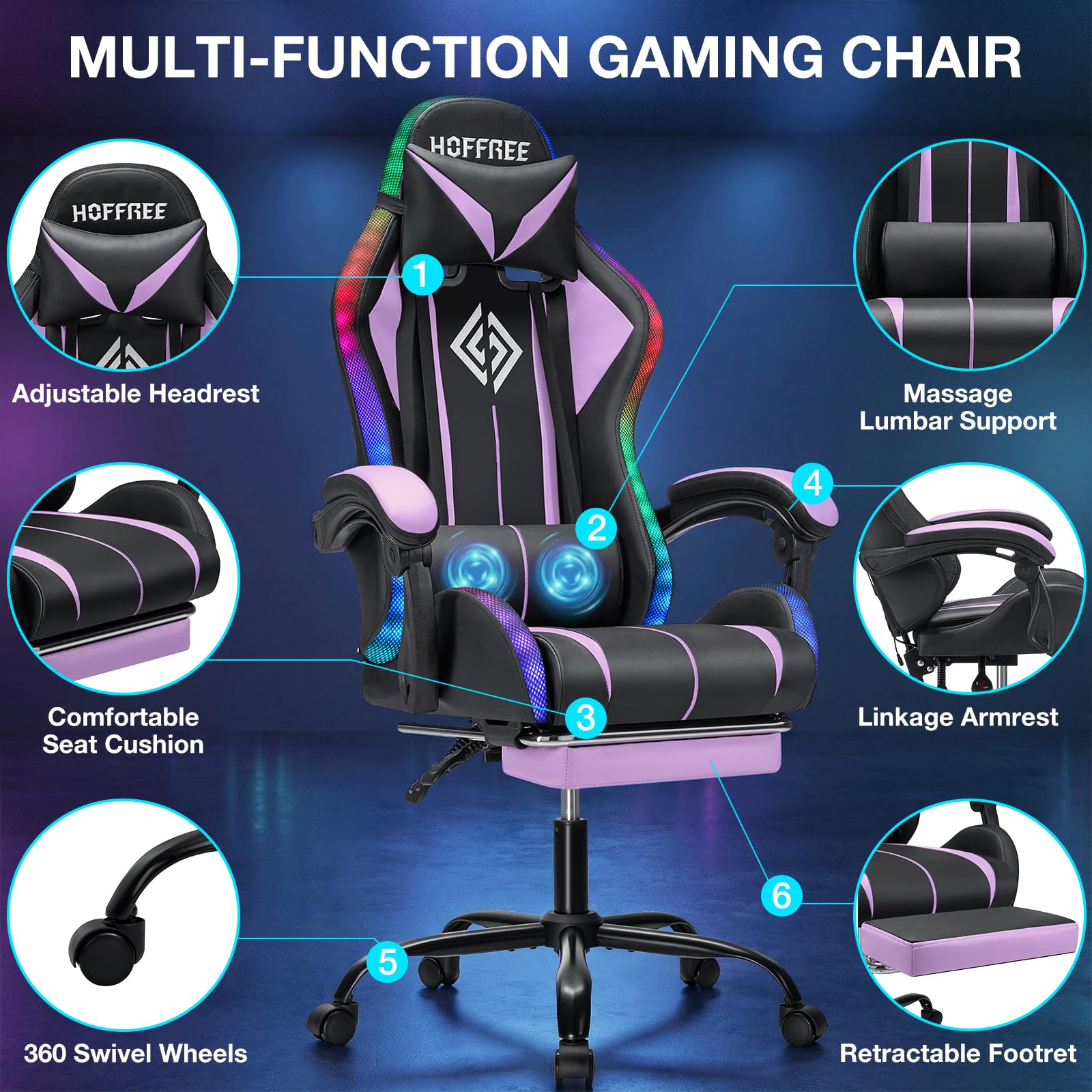 RGB Gaming Chair Massage with LED Lights and Footrest Ergonomic Computer Gaming Chair with High Back Video Game Chair with Adjustable Lumbar Support Red and Black