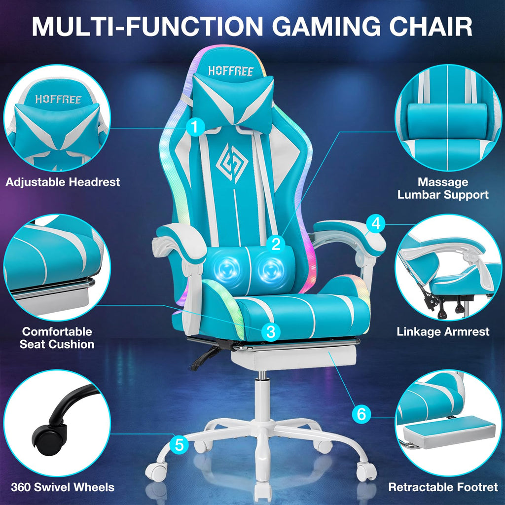 RGB Gaming Chair Massage with LED Lights and Footrest Ergonomic Computer Gaming Chair with High Back Video Game Chair with Adjustable Lumbar Support Red and Black