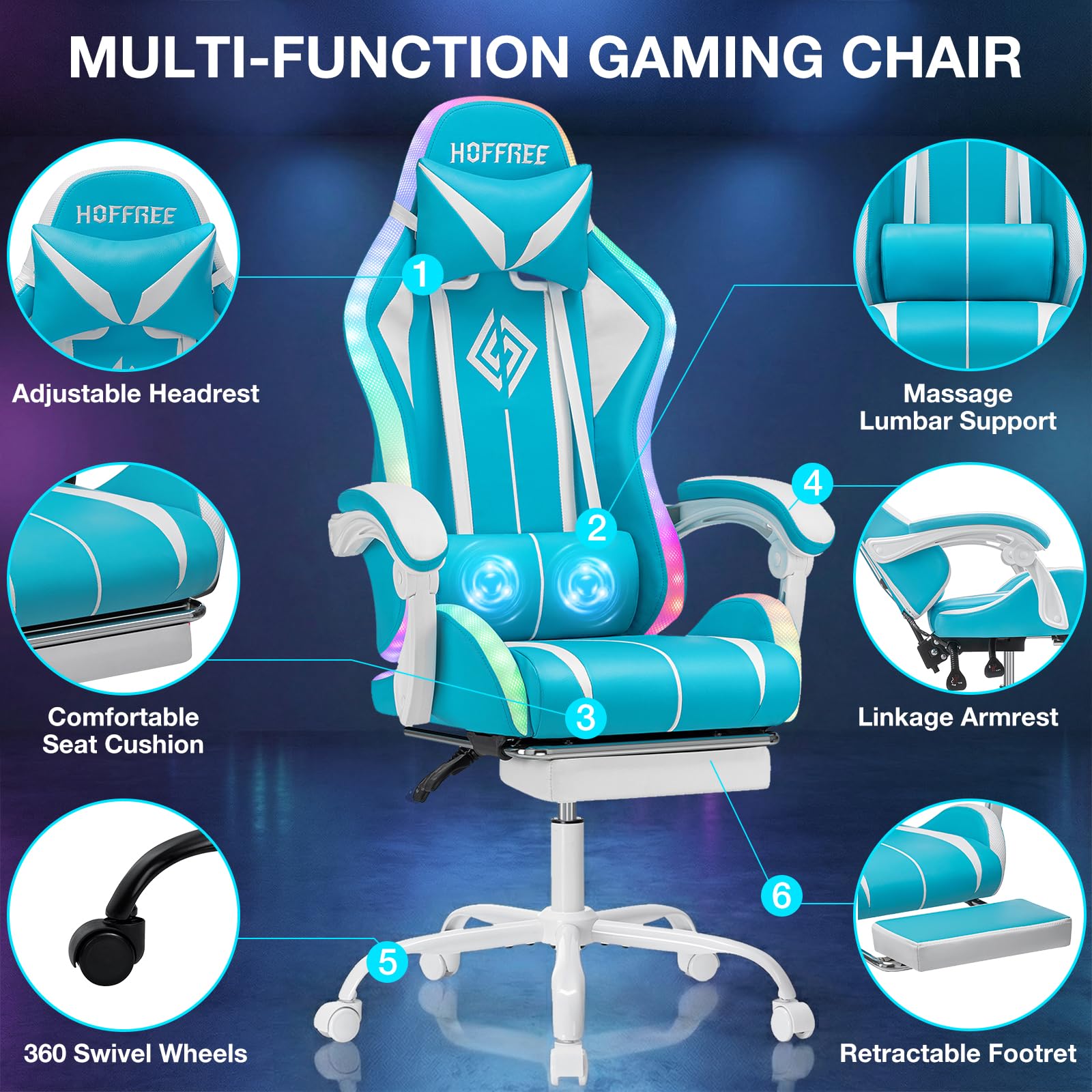 RGB Gaming Chair Massage with LED Lights and Footrest Ergonomic Computer Gaming Chair with High Back Video Game Chair with Adjustable Lumbar Support Red and Black
