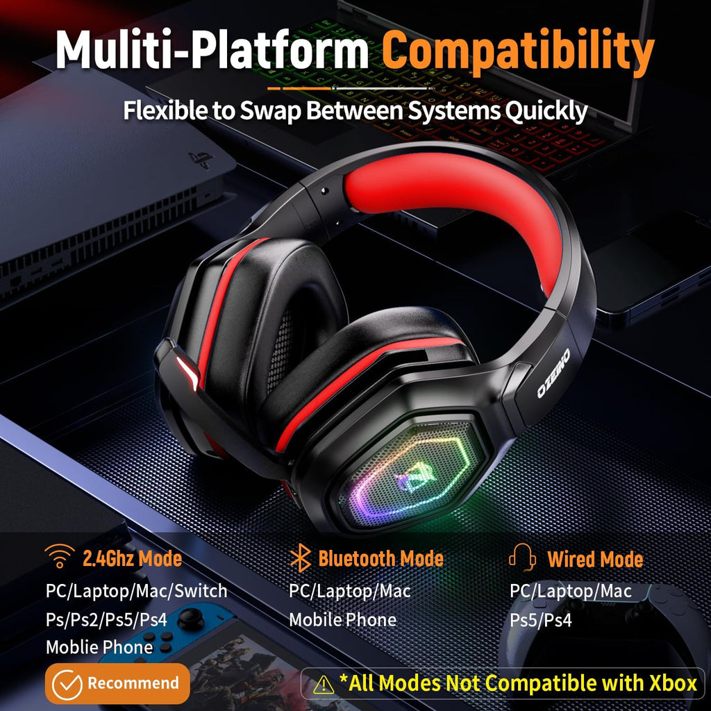 Ozeino 2.4GHz Wireless Gaming Headset for PC, Ps5, Ps4 - Lossless Audio USB & Type-C Ultra Stable Gaming Headphones with Flip Microphone, 40-Hr Battery Gamer Headset for Switch, Laptop, Mobile, Mac