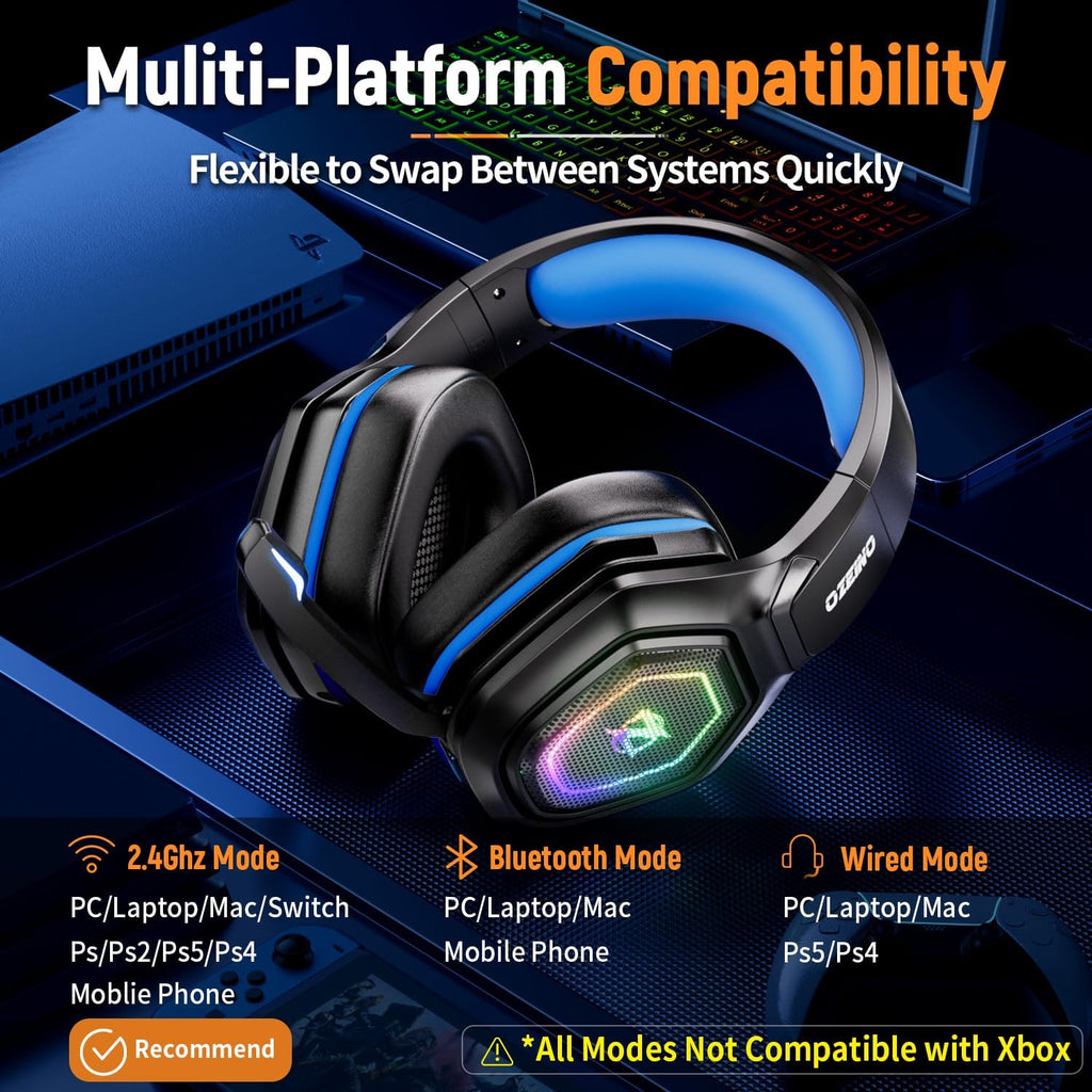 Ozeino 2.4GHz Wireless Gaming Headset for PC, Ps5, Ps4 - Lossless Audio USB & Type-C Ultra Stable Gaming Headphones with Flip Microphone, 40-Hr Battery Gamer Headset for Switch, Laptop, Mobile, Mac