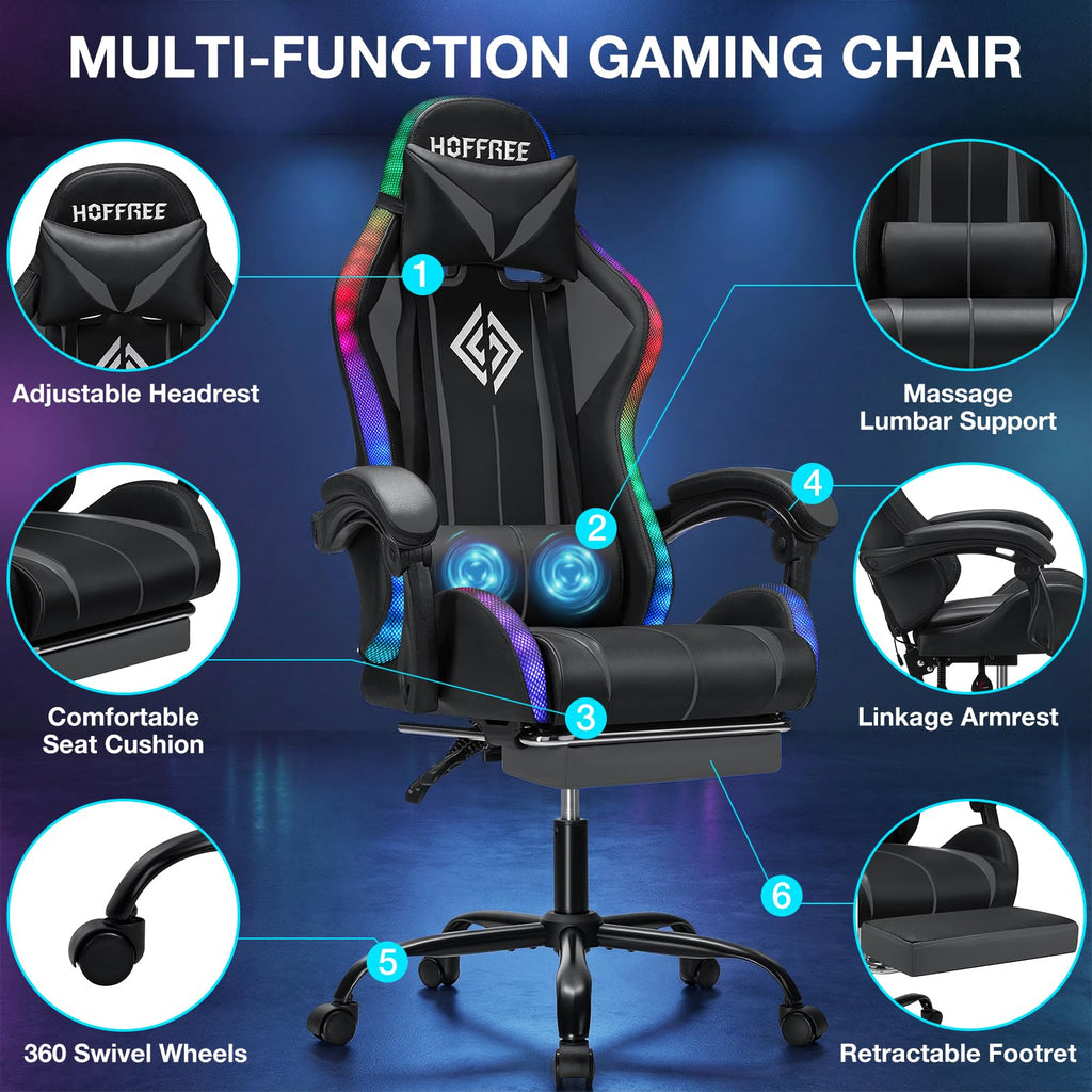 RGB Gaming Chair Massage with LED Lights and Footrest Ergonomic Computer Gaming Chair with High Back Video Game Chair with Adjustable Lumbar Support Red and Black