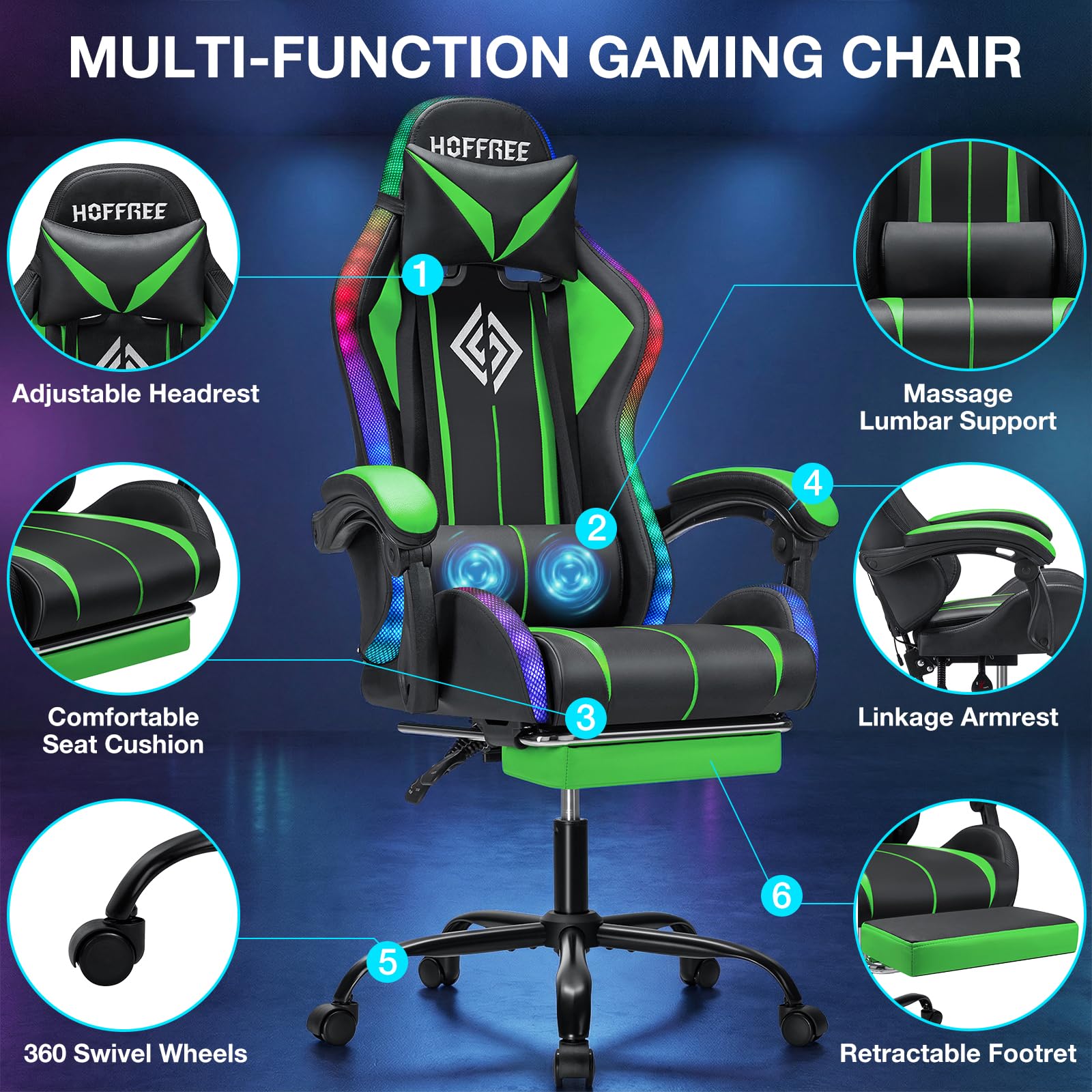 RGB Gaming Chair Massage with LED Lights and Footrest Ergonomic Computer Gaming Chair with High Back Video Game Chair with Adjustable Lumbar Support Red and Black
