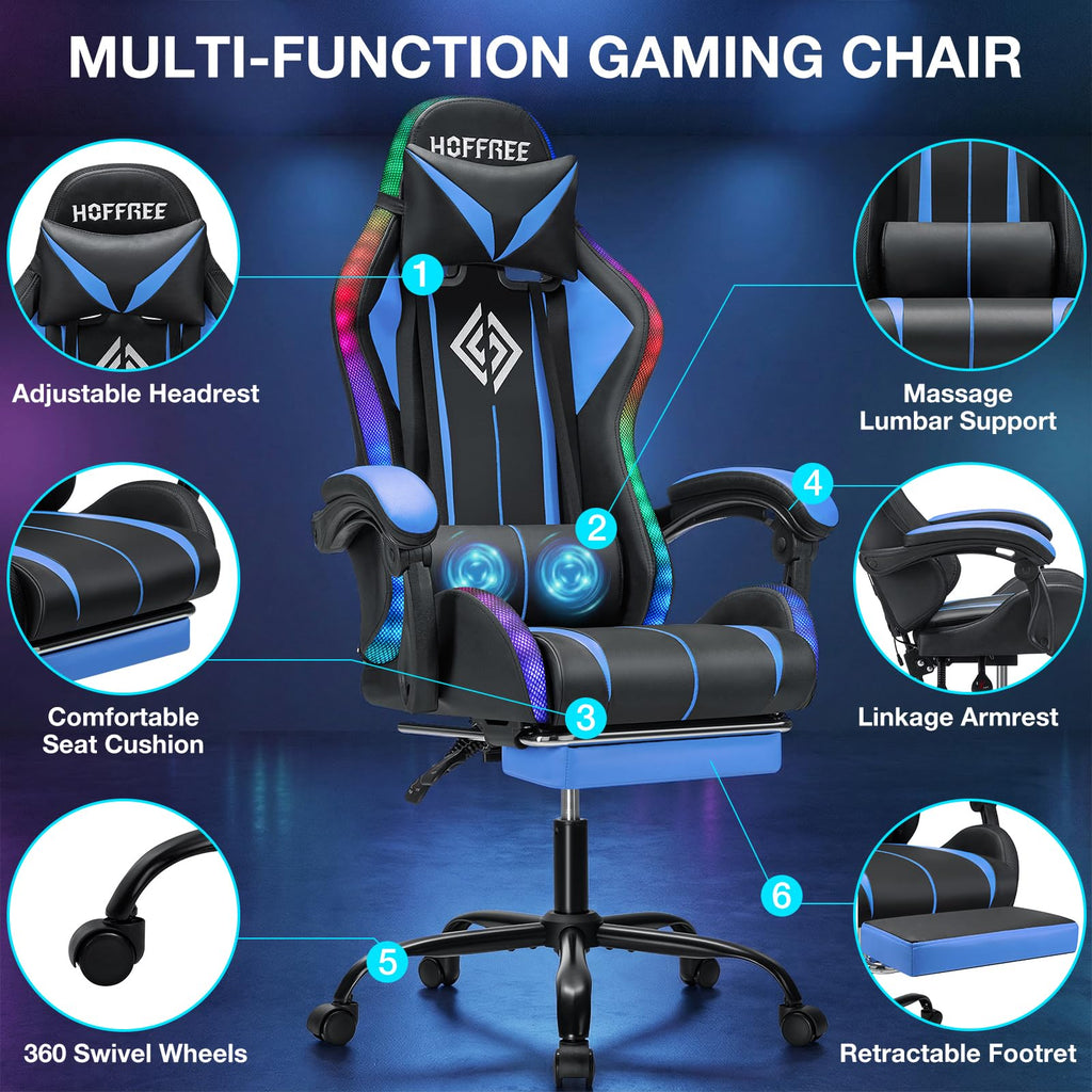 RGB Gaming Chair Massage with LED Lights and Footrest Ergonomic Computer Gaming Chair with High Back Video Game Chair with Adjustable Lumbar Support Red and Black